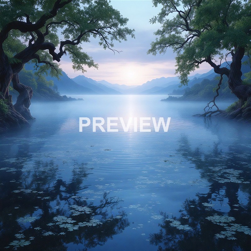 The image depicts a serene landscape of a calm lake surrounded by mountains in the distance, with two large, twisting trees leaning over the water and their reflections visible on the surface, under a softly lit sky.